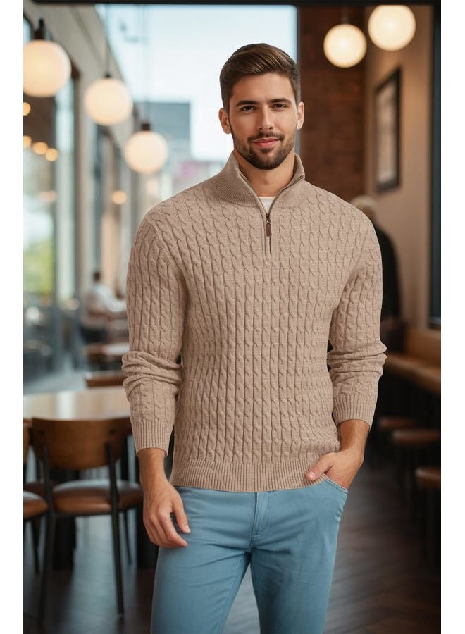 Askdeer Men' s Cable Crewneck Sweater Soft 1/4 Zip Knit Pullover Sweaters with Ribbing Edge Khaki, A02 Khaki, L - Image 2
