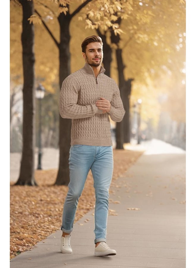 Askdeer Men' s Cable Crewneck Sweater Soft 1/4 Zip Knit Pullover Sweaters with Ribbing Edge Khaki, A02 Khaki, L - Image 4