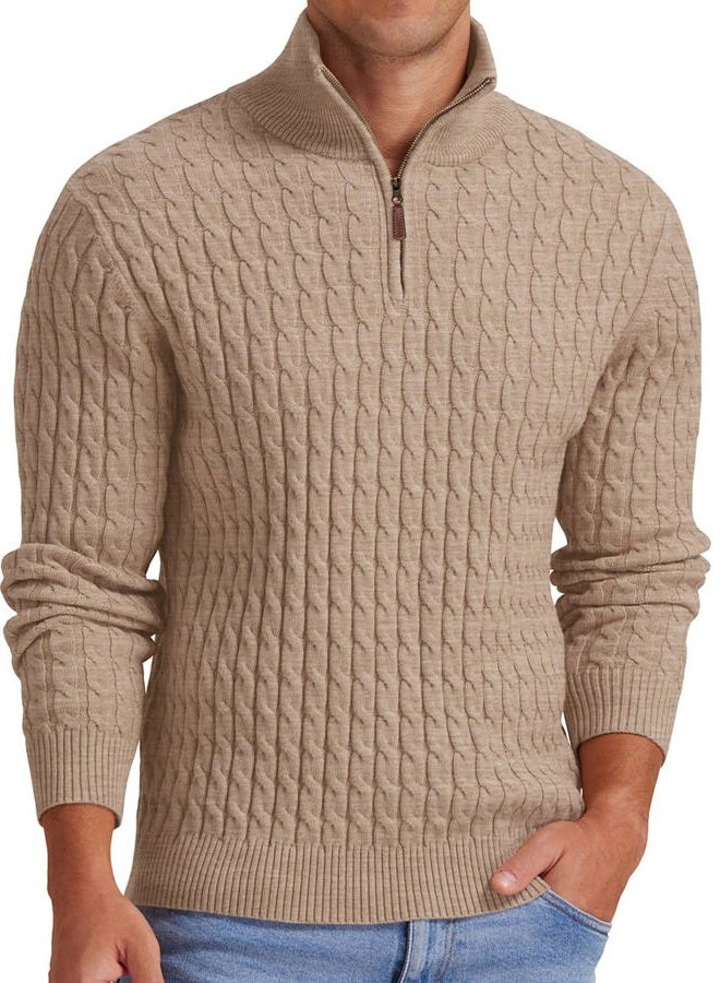 Askdeer Men' s Cable Crewneck Sweater Soft 1/4 Zip Knit Pullover Sweaters with Ribbing Edge Khaki, A02 Khaki, L - Image 1