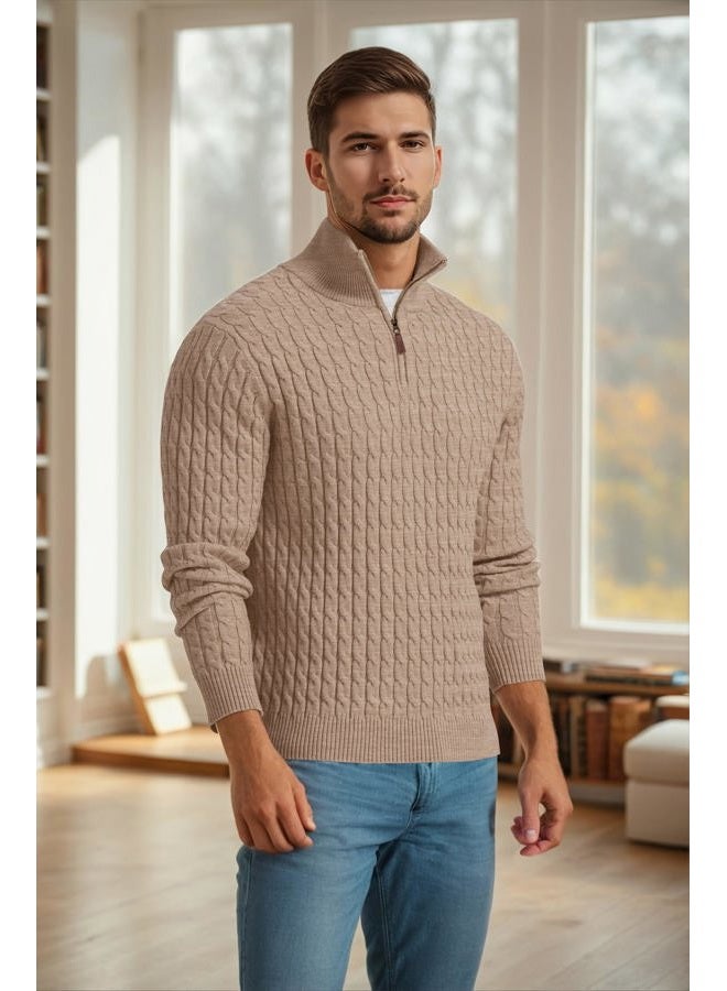 Askdeer Men' s Cable Crewneck Sweater Soft 1/4 Zip Knit Pullover Sweaters with Ribbing Edge Khaki, A02 Khaki, L - Image 3