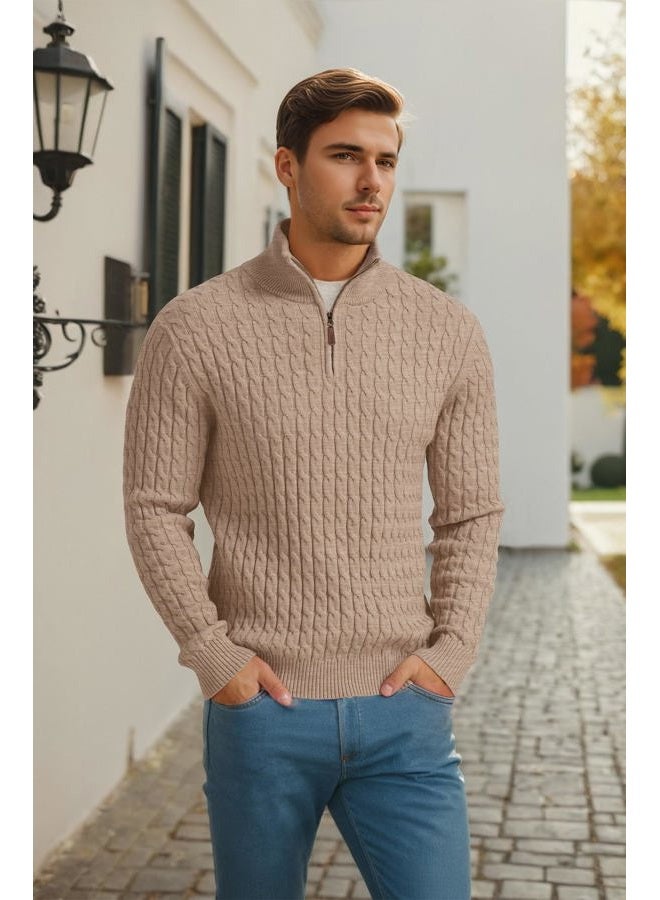 Askdeer Men' s Cable Crewneck Sweater Soft 1/4 Zip Knit Pullover Sweaters with Ribbing Edge Khaki, A02 Khaki, L - Image 5