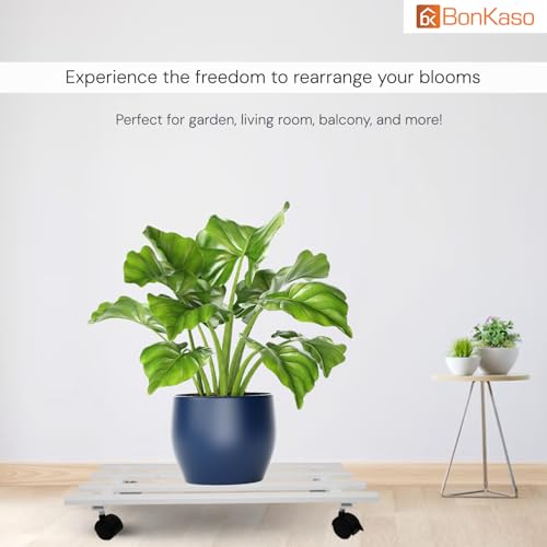 BonKaso Rectangular Metal Plant Stand (Set of 2) with Wheels for Indoor & Outdoor Use (60x 22.9 x7.6 Cm) | Heavy Duty Flower Pot Holder | Holds Up to 100kg | Corner Plant Rack for Heavy Plants - Black - Image 4