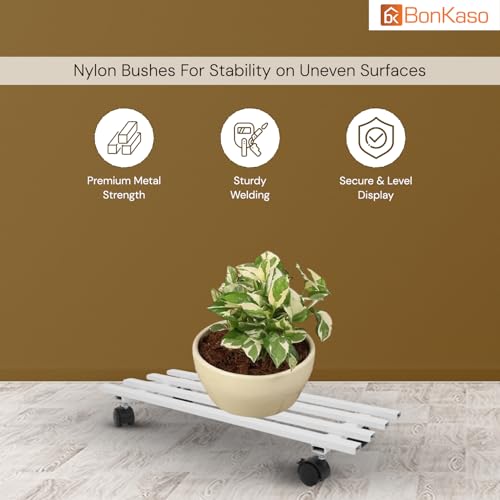 BonKaso Rectangular Metal Plant Stand (Set of 2) with Wheels for Indoor & Outdoor Use (60x 22.9 x7.6 Cm) | Heavy Duty Flower Pot Holder | Holds Up to 100kg | Corner Plant Rack for Heavy Plants - Black - Image 2