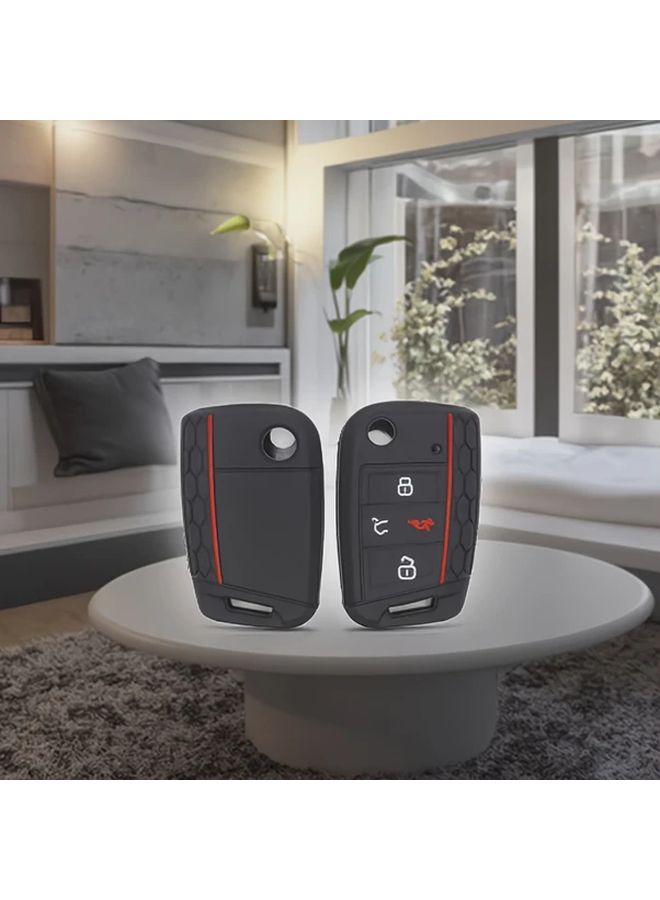 Car Key Cover Silicone Fob Case Compatible With VW Golf 7 Mk7 Tiguan Skoda Octavia Kodiaq Karoq Seat Leon Black - Image 3