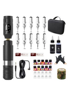 Wireless tattoo kit, rotary tattoo machine with power supply LCD lithium battery, 10 kinds of inks and tattoo needles and its tattoo peripheral set, suitable for professional tattoo artists
