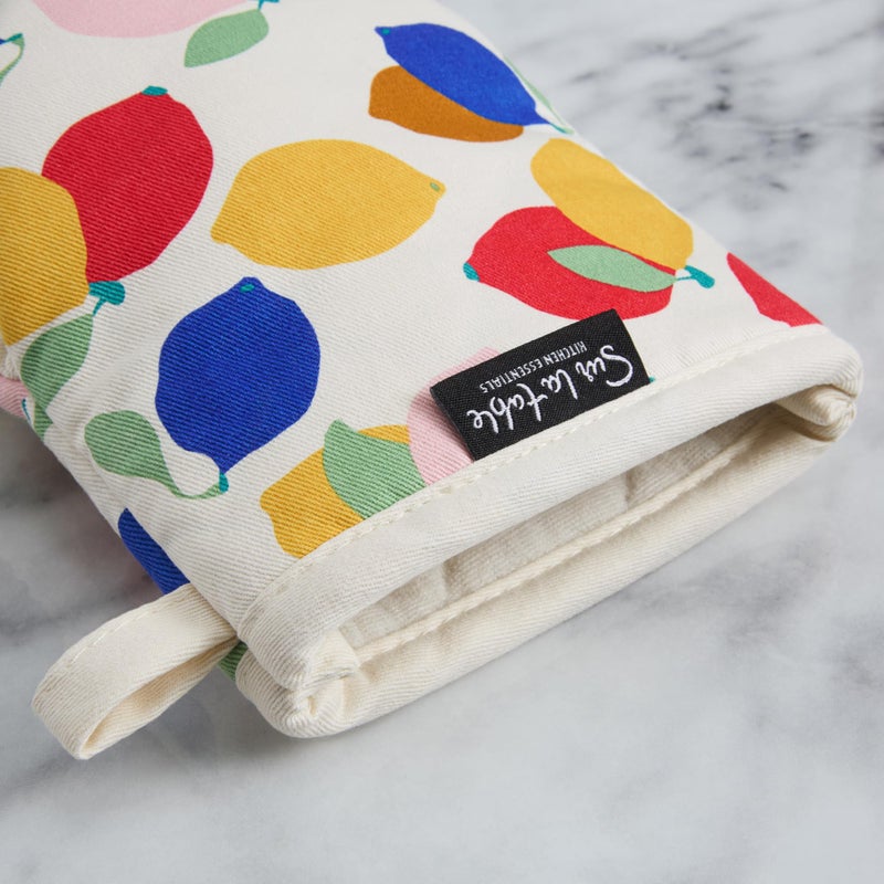 SUR LA TABLE Kitchen Essentials Lemon Zest Citrus Fruit Mini Oven Mitt 2-Pack Set  Heat Resistant  100% Cotton  Flexible Non-Slip Silicone Grip  Yellow/Blue/Ivory  5.5""x8"" - Image 3