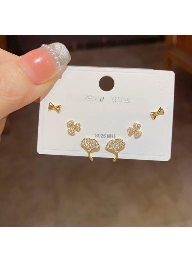 S925 Silver Needle Micro Inlaid Zircon Short Earrings Short Hair Earrings And Korean Elegant All-match Simple Three-piece Set Earrings For Women 