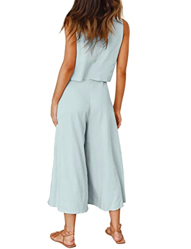 ROYLAMP Women's Summer 2 Piece Outfits Round Neck Crop Basic Top Cropped Wide Leg Pants Set Jumpsuits Light Cyan M - Image 3