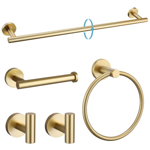 TURS Brushed Gold 5 Piece Bathroom Hardware Set, SUS304 Stainless Steel 24 Inch Bath Towel Bar Set, Round Bathroom Accessories Kit Wall Mounted - Image 1