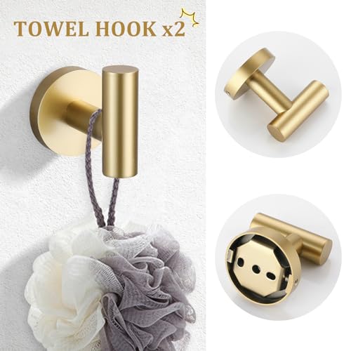 TURS Brushed Gold 5 Piece Bathroom Hardware Set, SUS304 Stainless Steel 24 Inch Bath Towel Bar Set, Round Bathroom Accessories Kit Wall Mounted - Image 5