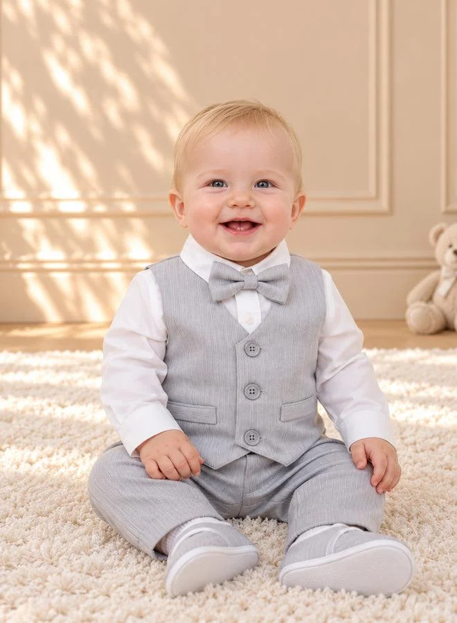 فيا بامبينو Grey Linen Vest & Bow Tie Set