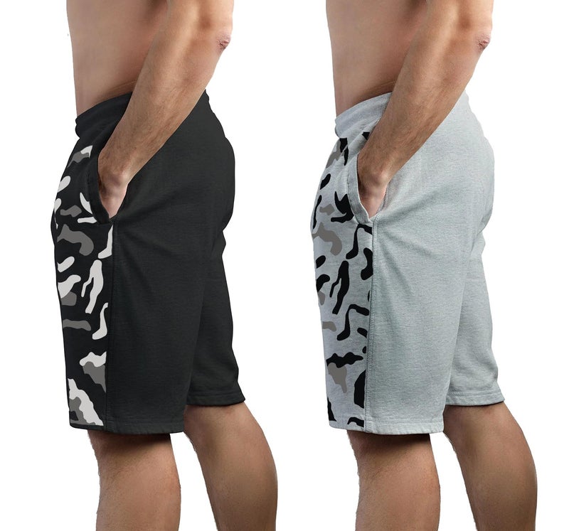 hotfits Men's Black & Grey Cotton Regular Shorts - Workout, Gym, Running, Yoga and Sports Shorts - Camouflage Printed - Pack of 2-M - Image 2