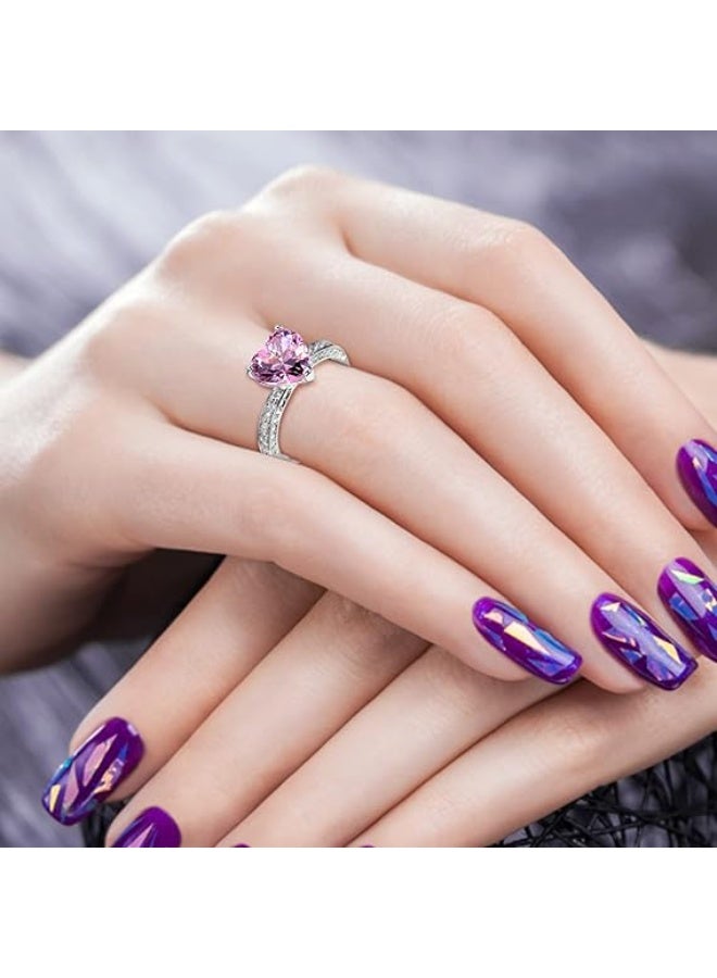Pan Home Elevated pink Heart Ring Women's Ring Silver Pink Zircon Heart Shaped Shiny Ring - Image 3