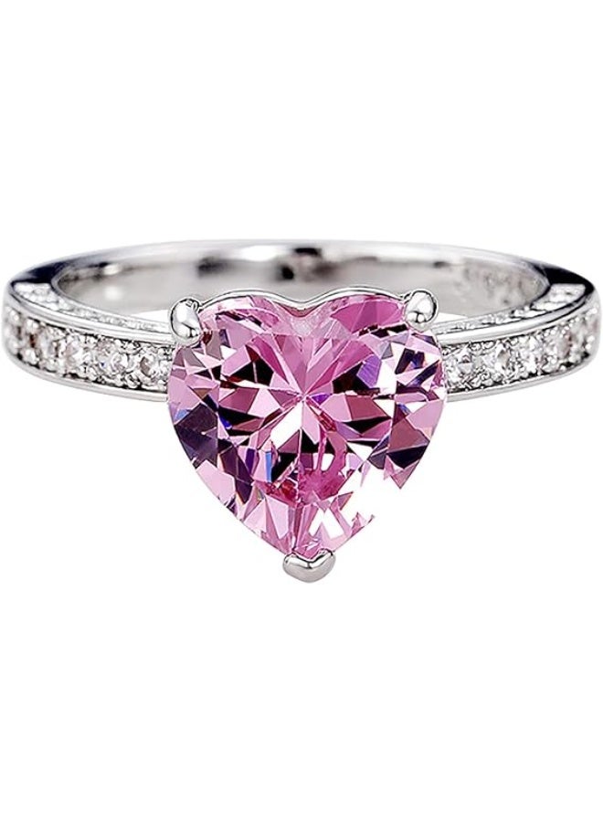 Pan Home Elevated pink Heart Ring Women's Ring Silver Pink Zircon Heart Shaped Shiny Ring - Image 5