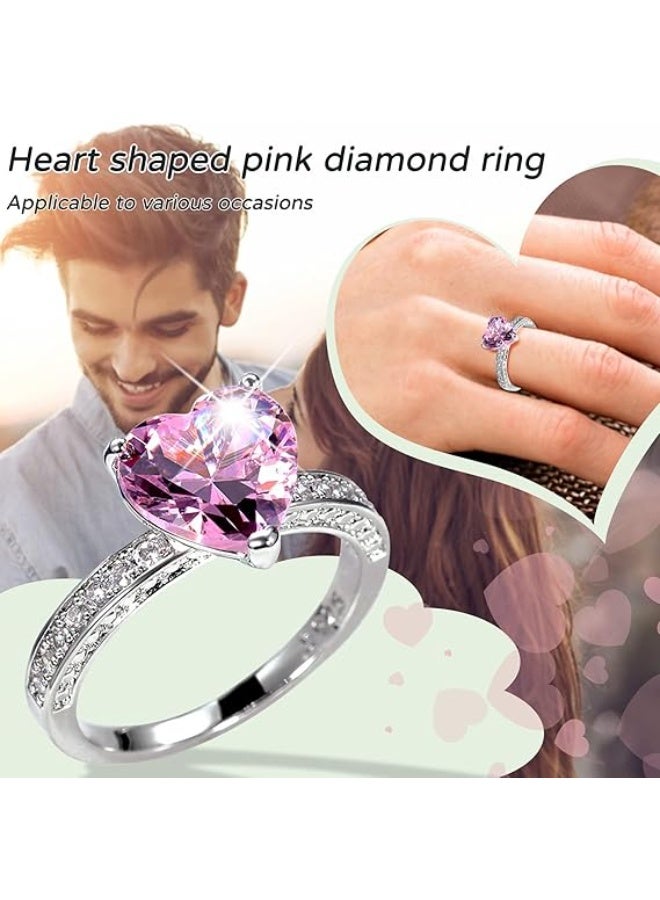 Pan Home Elevated pink Heart Ring Women's Ring Silver Pink Zircon Heart Shaped Shiny Ring - Image 2