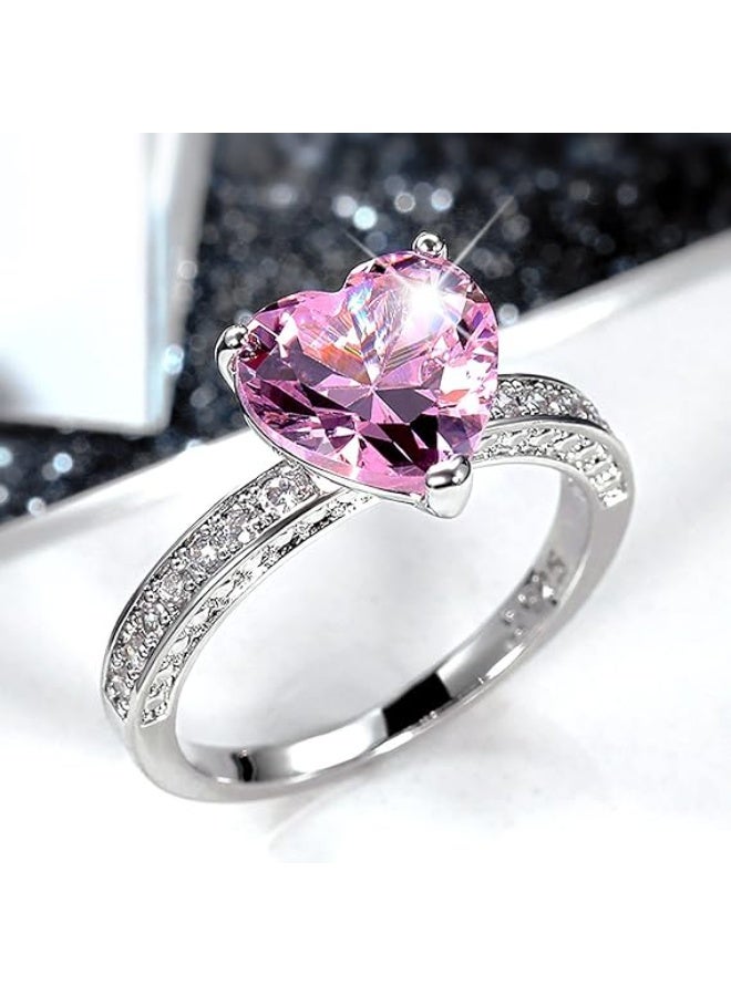 Pan Home Elevated pink Heart Ring Women's Ring Silver Pink Zircon Heart Shaped Shiny Ring - Image 1