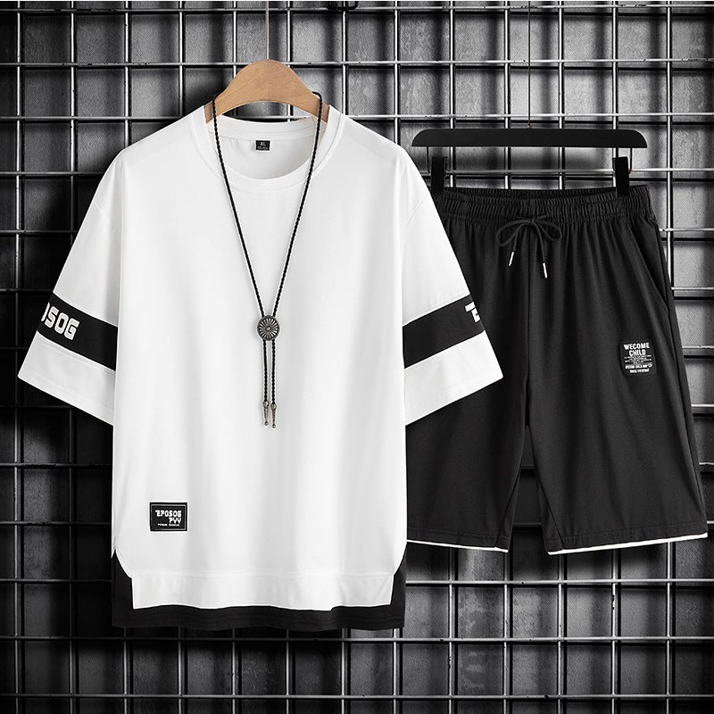 Fat Boys plus size suit Summer Middle and Big Childrens Cotton Short-sleeved Five-piece Pants Teenager Plus Fat Widened Childrens Two-piece Set White 