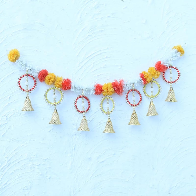 Kaameri Bazaar Handmade Beads Bangles and Bells with Marigold Orange, Yellow genda, White Jasmine Flower, Traditional Door Hanging/Bandarwal/Toran for Door, Bandarwal, Torans for Entrance Door - Image 2