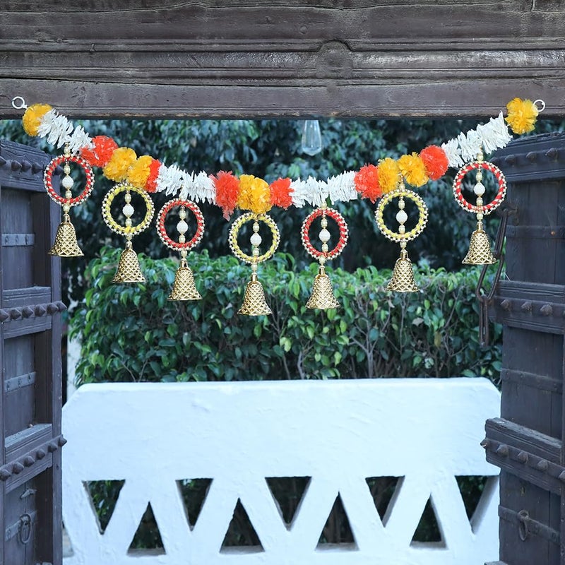 Kaameri Bazaar Handmade Beads Bangles and Bells with Marigold Orange, Yellow genda, White Jasmine Flower, Traditional Door Hanging/Bandarwal/Toran for Door, Bandarwal, Torans for Entrance Door - Image 1