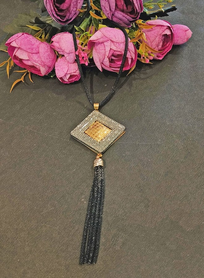 LA BELLEZA Glittery Rhinestone Crystal Studded Statement Necklace with Hanging Chains | Neckpiece | Pendant with Chain for Girls and Women - Image 3