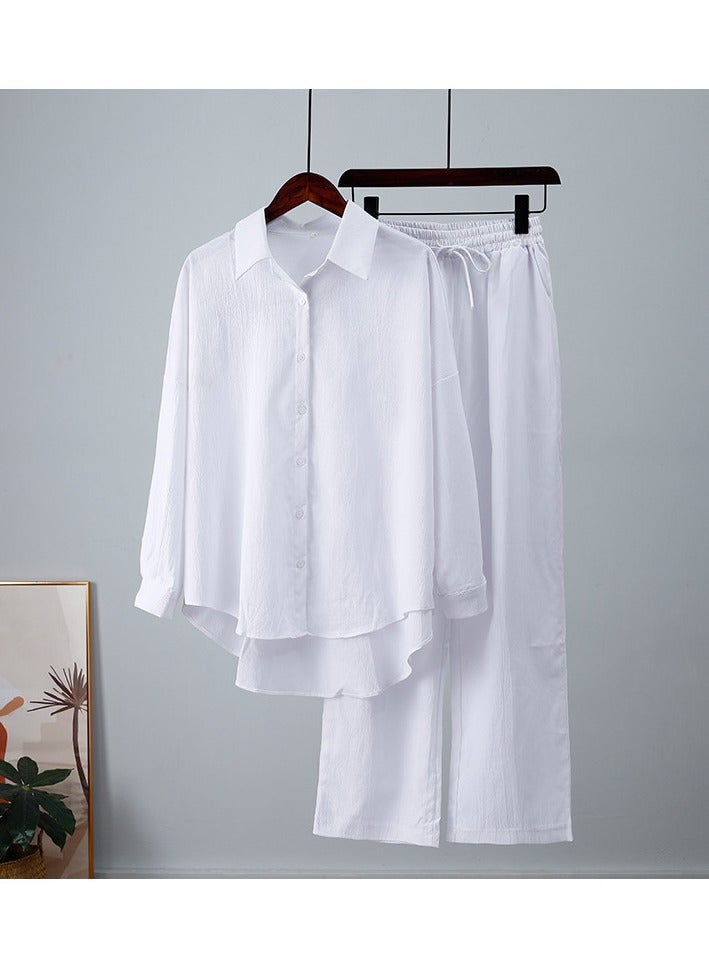 Shougu New Loose Elastic Wrinkled Long Sleeved Shirt Wide Leg Pants Casual Set  - Image 1