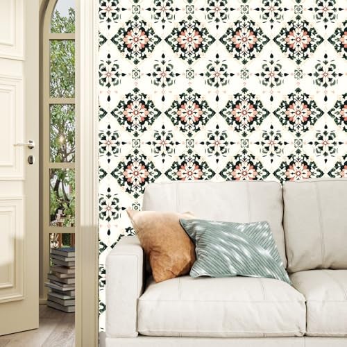 BOKEBEVE Boho Wallpaper Peel and Stick Floral Contact Paper Beige Green Wall Paper for Accent Wall Dining Room Bedroom Cabinet Shelf Liner Removable Adhesive Renter Friendly 17.5 x 118In - Image 2