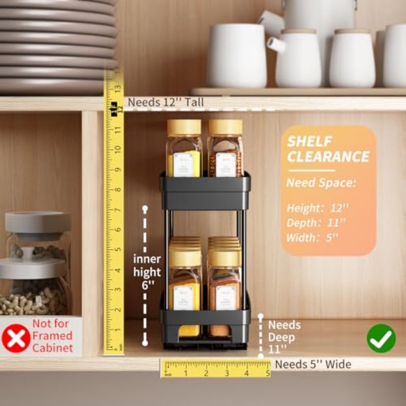 Pull Out Spice Rack Organizer for Cabinet, s Slide Out Spice Racks Organizer, Spice Cabinet Organizers, Cabinet Size Need:12'' Highx11'' Deepx5'' Wide, Each Tier Hold 10 Spice Jar - 2 Tier - Image 3