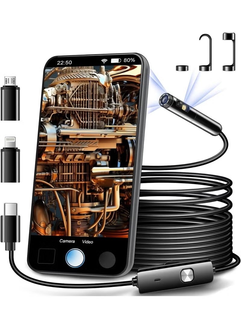 Arabest Dual Lens Endoscope Inspection Camera, Dual HD Lens, Ip68 Waterproof, 16.5ft/5m Semi-Rigid Cable, Borescope Camera with LED Lights, Compatible with Android and Ios Devices - Image 1