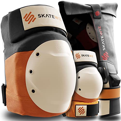 SKATEWIZ وسادات الركبة والكوع SKATEWIZ للبالغين - معدات الحماية للتزلج مجموعة وسادات الركبة والكوع مع وسادات المعصم - درع - الحجم M/L برتقالي - معدات الحماية للتزلج للنساء والرجال - Image 1