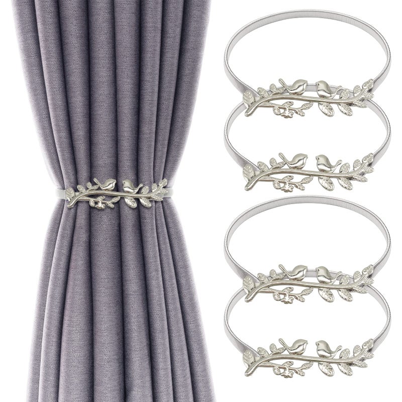 LLPMutu 4Pack Curtain Tiebacks Aluminum Alloy Spring Design Curtain Holdback Leaf Carving Design Curtain Ties for Drapes Curtain Ties Backs Curtain Modern Style Curtain Holdback Decor (Silver Bird) - Image 1