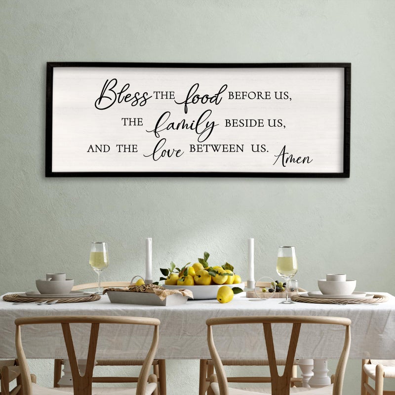 Surfapans Bless the Food Before Us Wall Decor, 40"X15" Farmhouse Dining Room Family Kitchen Sign, Christian Bible Verse Scripture Vintage Home Framed Wood Wall Art (Black) - Image 1