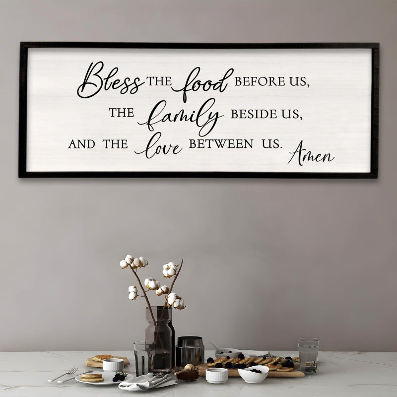 Surfapans Bless the Food Before Us Wall Decor, 40"X15" Farmhouse Dining Room Family Kitchen Sign, Christian Bible Verse Scripture Vintage Home Framed Wood Wall Art (Black) - Image 3