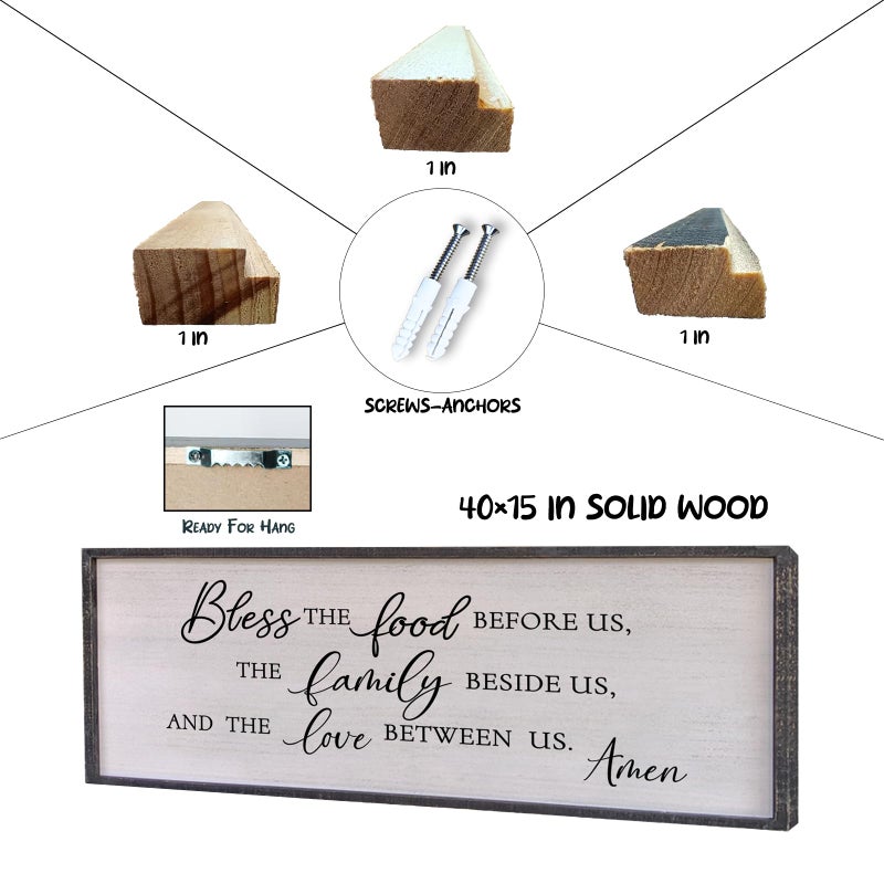 Surfapans Bless the Food Before Us Wall Decor, 40"X15" Farmhouse Dining Room Family Kitchen Sign, Christian Bible Verse Scripture Vintage Home Framed Wood Wall Art (Black) - Image 2