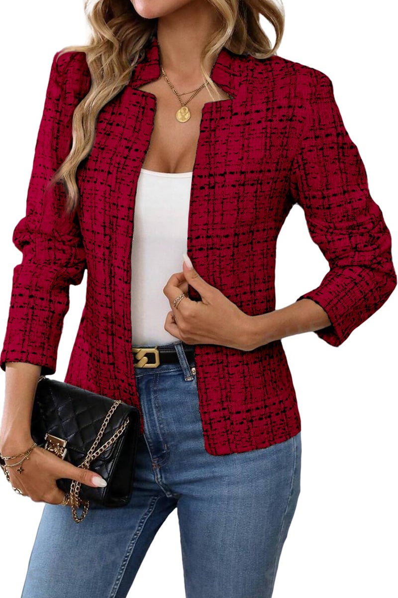 ELLEVEN Womens Blazer Business Casual Suit Jacket Tweed Blazers for Women Slim Fit Fitted Long Sleeve Stand Collar Blazer Dressy Full Lining Coat Cardigan with Padded Shoulder Red X-Large - Image 1