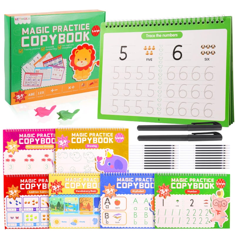 VETWORX 6 Pack Large Grooved Handwriting Copybooks,10.2 x 7.4 In Magic Writing Practice Workbooks with Pens,Reusable Alphabet,Numbers Tracing Books for Kids 3-8,Kindergarten Preschool Learning Activities - Image 1