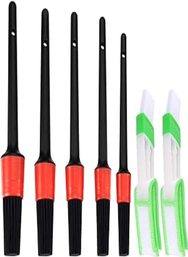 Auto Detailing Brush Set, 5 Pcs Car Detailing Brushes, 2 Pcs Car Air Condition Duster, Car Detail Cleaning Brushes Kit for Car Exterior, Interior, Air Vents, Dashboard, Emblems, Engine, Wheel