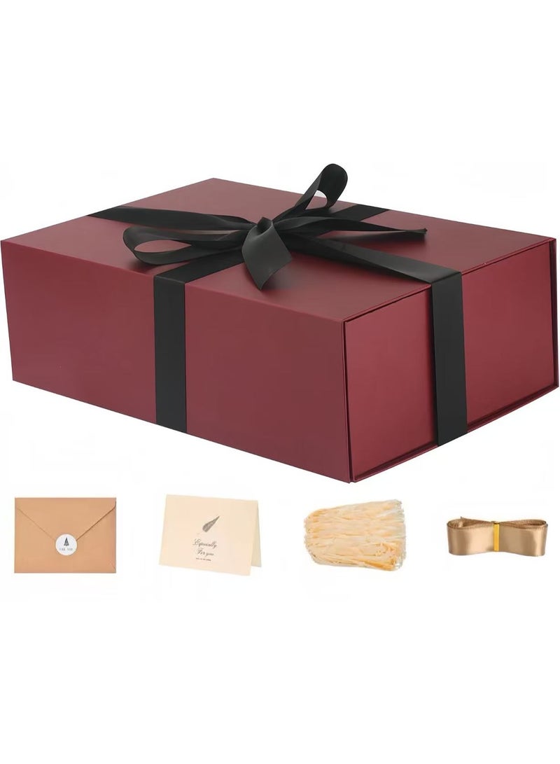 CUNUUDOOL Burgundy Gift Box with Lid,35 x 20 x 11.2 cm Large Magnetic Gift Box with Ribbon,Cards and Envelopes for Presents,Great for Wedding,Birthdays,Crafting,Gift Packaging. - Image 1