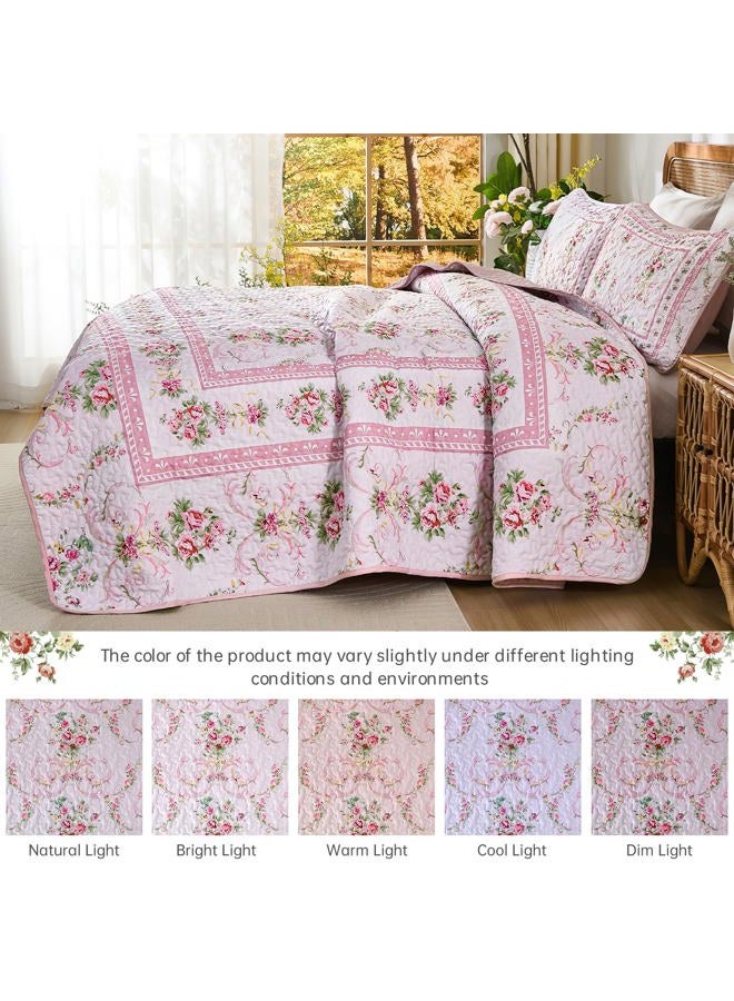 Anibedding Pink Floral Quilt Set Queen Size,3 Pieces Flowers Printed Retro Bedspread with 2 Pillowcases,Lightweight Soft Microfiber Coverlet Set for All Seasons(96"x90") - Image 4