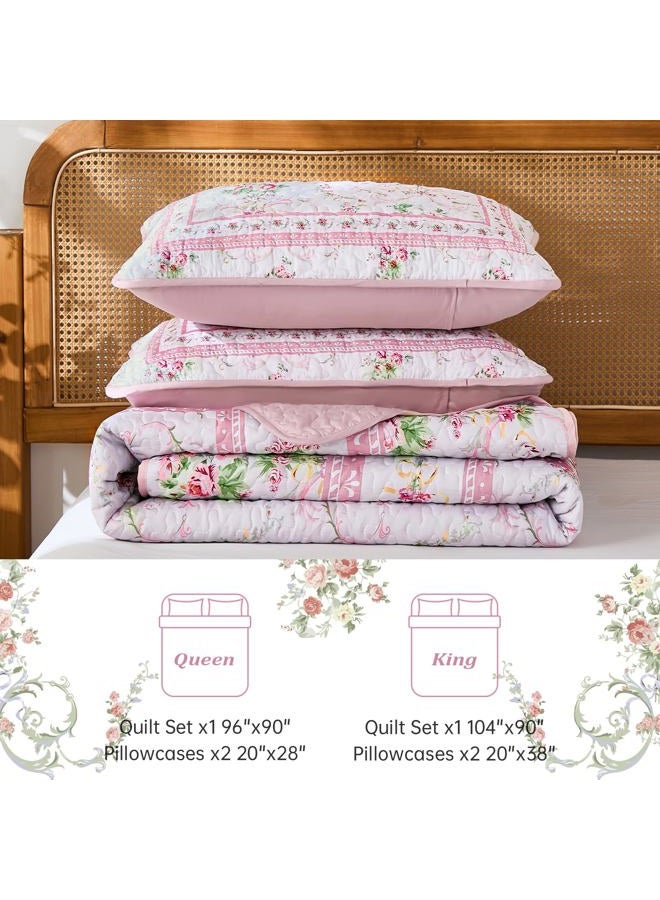 Anibedding Pink Floral Quilt Set Queen Size,3 Pieces Flowers Printed Retro Bedspread with 2 Pillowcases,Lightweight Soft Microfiber Coverlet Set for All Seasons(96"x90") - Image 5