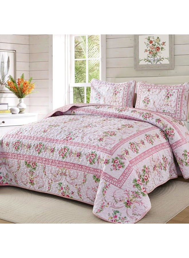Anibedding Pink Floral Quilt Set Queen Size,3 Pieces Flowers Printed Retro Bedspread with 2 Pillowcases,Lightweight Soft Microfiber Coverlet Set for All Seasons(96"x90") - Image 3