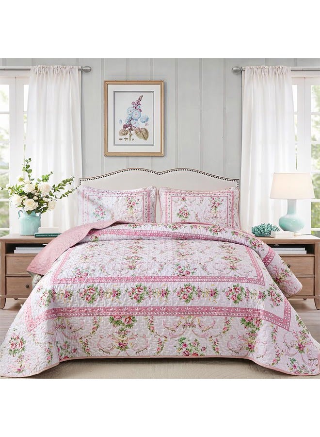 Anibedding Pink Floral Quilt Set Queen Size,3 Pieces Flowers Printed Retro Bedspread with 2 Pillowcases,Lightweight Soft Microfiber Coverlet Set for All Seasons(96"x90") - Image 2