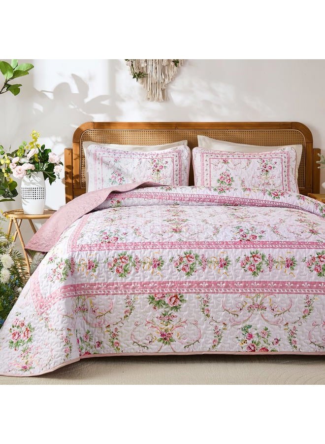 Anibedding Pink Floral Quilt Set Queen Size,3 Pieces Flowers Printed Retro Bedspread with 2 Pillowcases,Lightweight Soft Microfiber Coverlet Set for All Seasons(96"x90") - Image 1
