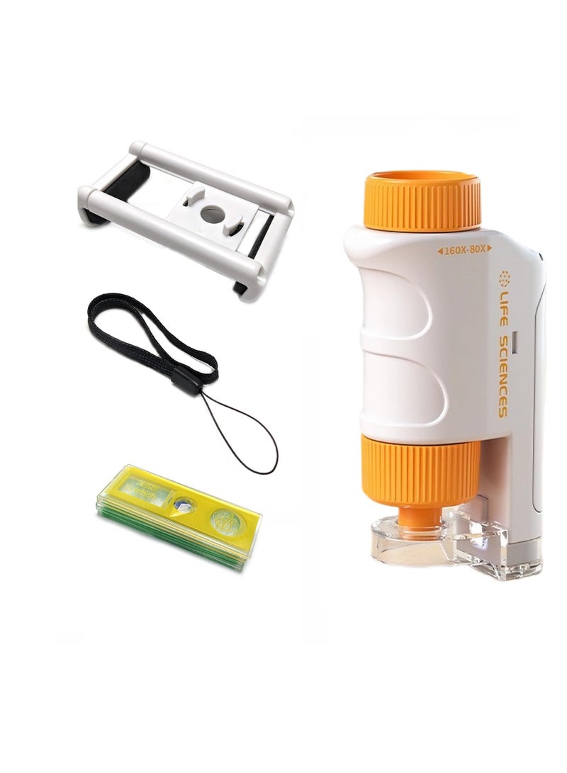Excefore 80X-160X LED Lighted Pocket Microscope, Portable Mini Microscope, Handheld Miniscope,  for Microbiological Observation Home Study Educational Supplies, with Sliders Kit for Kids (Orange)  - Image 1