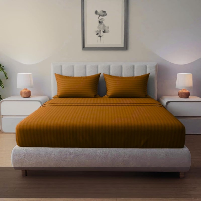 FOAM CRAFT Queen Size Fitted Bed Sheet Set - Striped Cotton 3 Piece Set (Mocha, 160 x 200cm) - Image 1