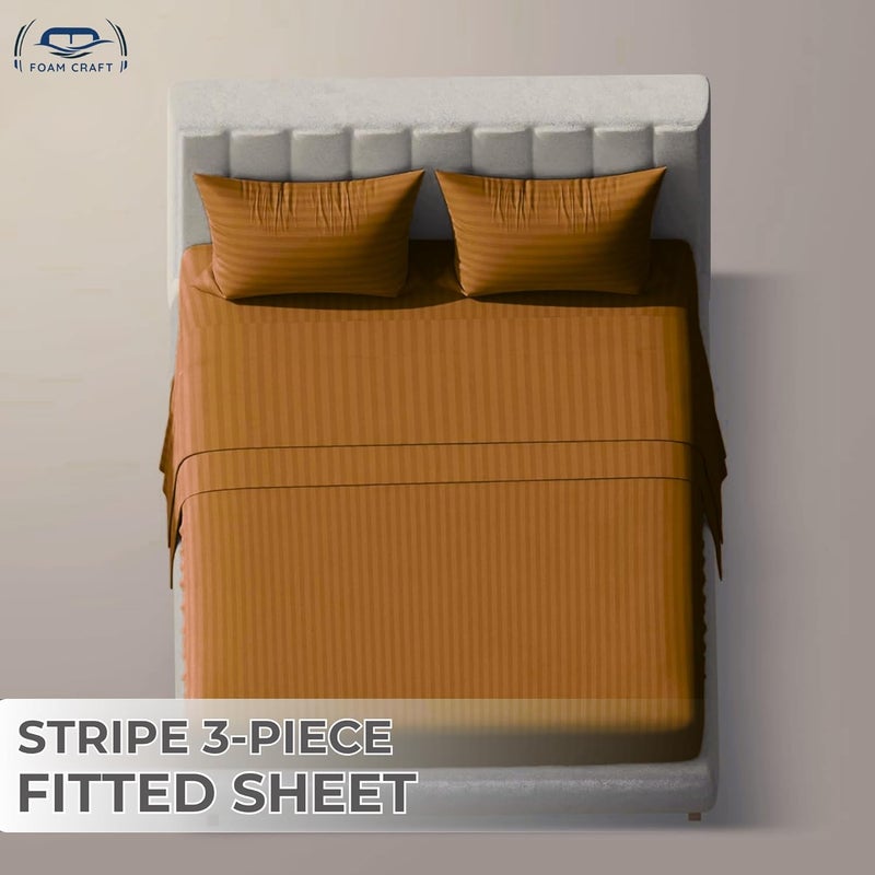 FOAM CRAFT Queen Size Fitted Bed Sheet Set - Striped Cotton 3 Piece Set (Mocha, 160 x 200cm) - Image 3