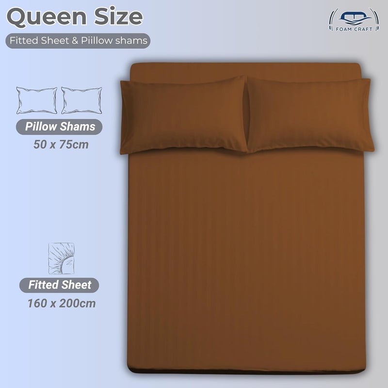 FOAM CRAFT Queen Size Fitted Bed Sheet Set - Striped Cotton 3 Piece Set (Mocha, 160 x 200cm) - Image 2