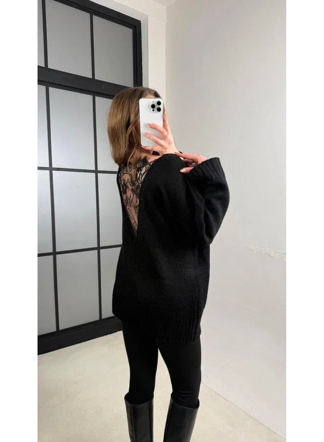 جاوس سويتر صوف أسود بتفصيل دانتل على الظهر GAUS-01091 GAUS-01098.