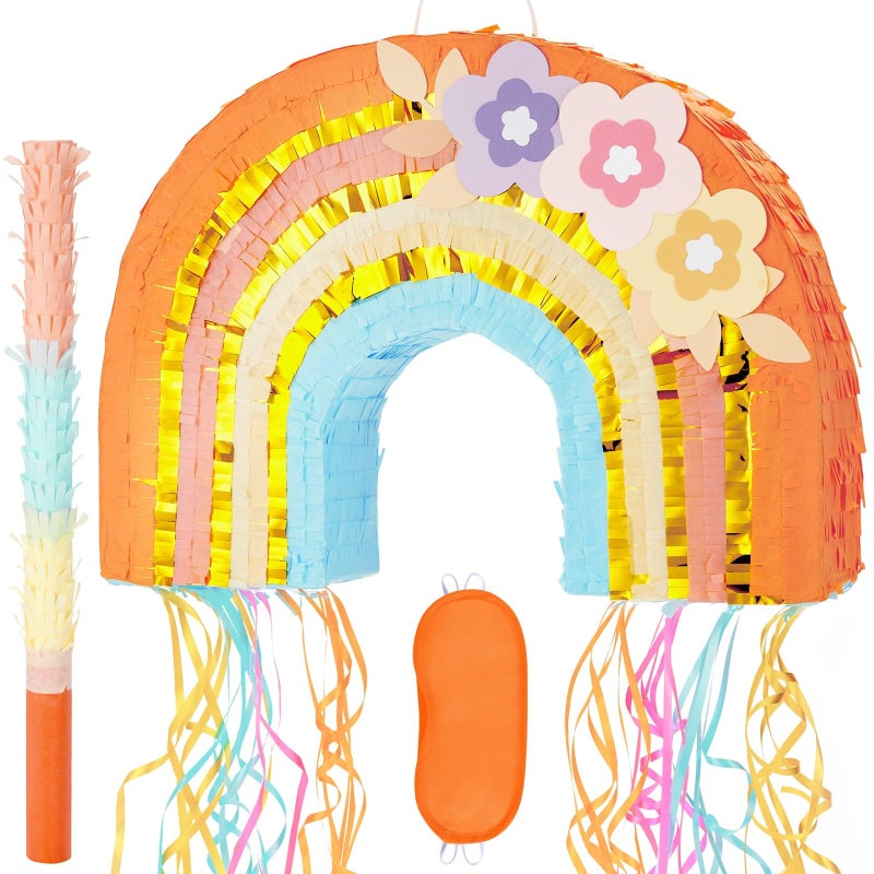 WERNNSAI Rainbow Pinata Rainbow Pull String Pinata with Bundle with Blindfold and Bat for Girls Kids Piata Boho Theme Birthday Party Decoration Game for Baby Shower Carnival Summer Party Supplies - Image 3
