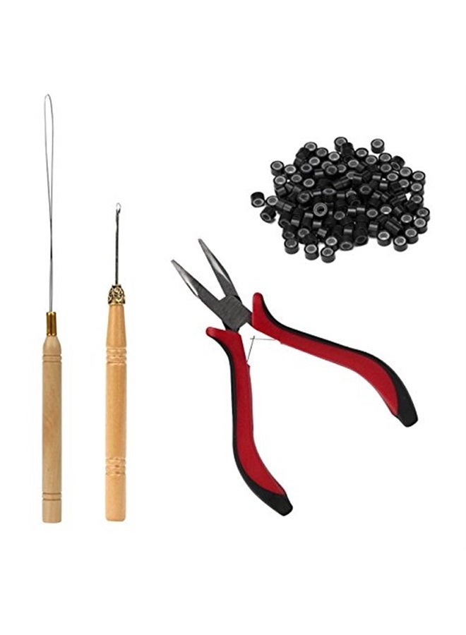 Funyn 1 Set Hair Extension Tool Kit Plier Hook Pulling Needle 200Pc or so Micro Silicone Link Rings Beads for Professional Hair Styling Tools Accessory (Dark Brown) - Image 1