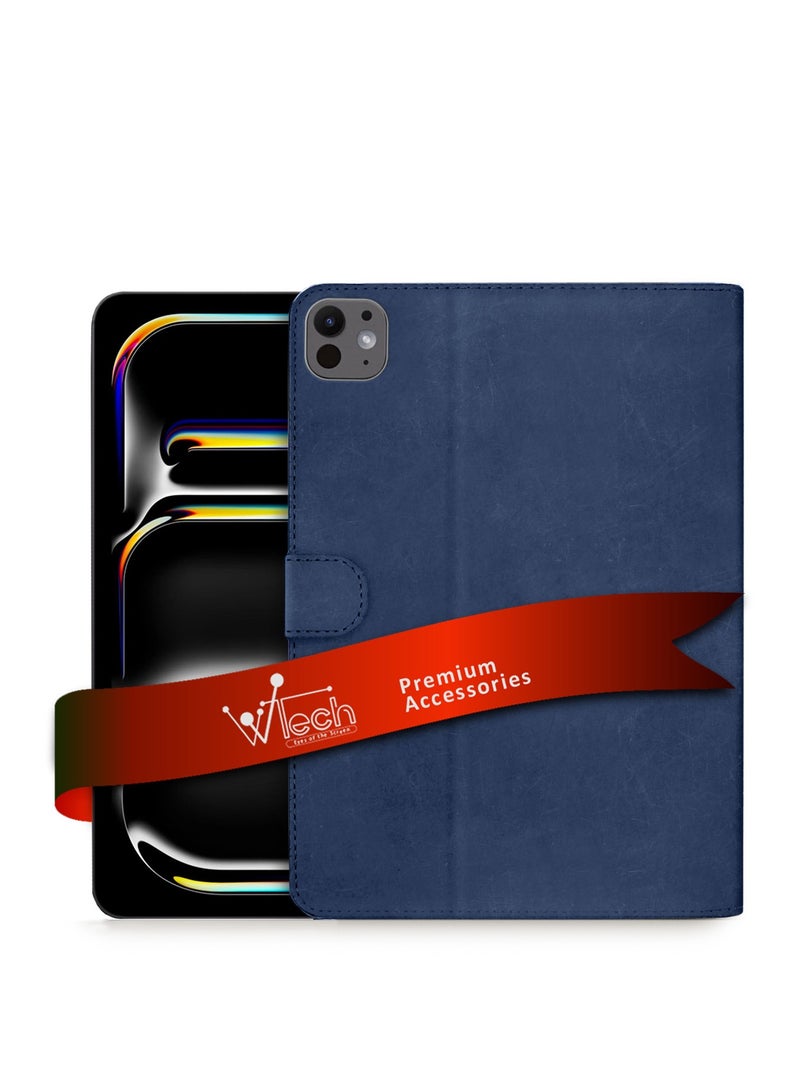 Wtech Apple iPad Pro 11 5G 2024 (5th Gen) 11 inch / Apple iPad Pro 11-inch (M5) 2025 WTech PU Leather Magnetic Closure Flip Case Cover - Navy Blue - Image 1